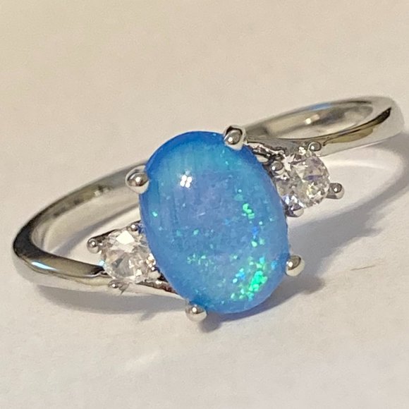 Opal Stone Ring Solitaire Silver Plated Simulated Blue Oval Cut Size 7 8 9 11 - Picture 1 of 11